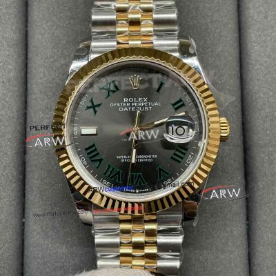 Clean Factory Rolex Wimbledon Datejust 41mm Two Tone Gold Grey Green Roman Face 3235 Replica Watch 